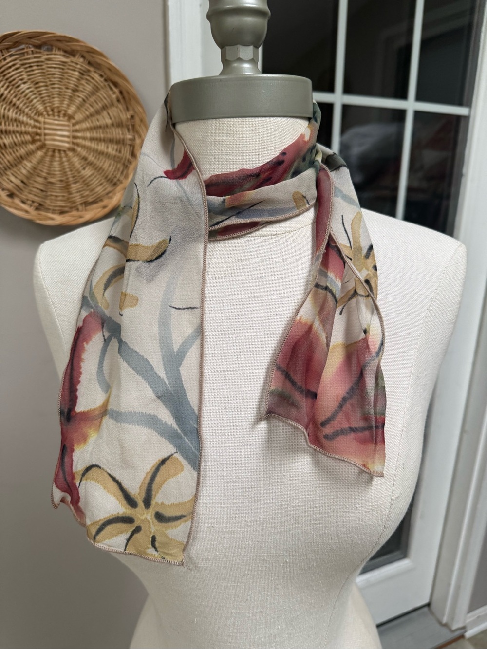 100% Silk Hand Painted Aria Fias New York Skinny Scarf Floral Chiffon Wrap